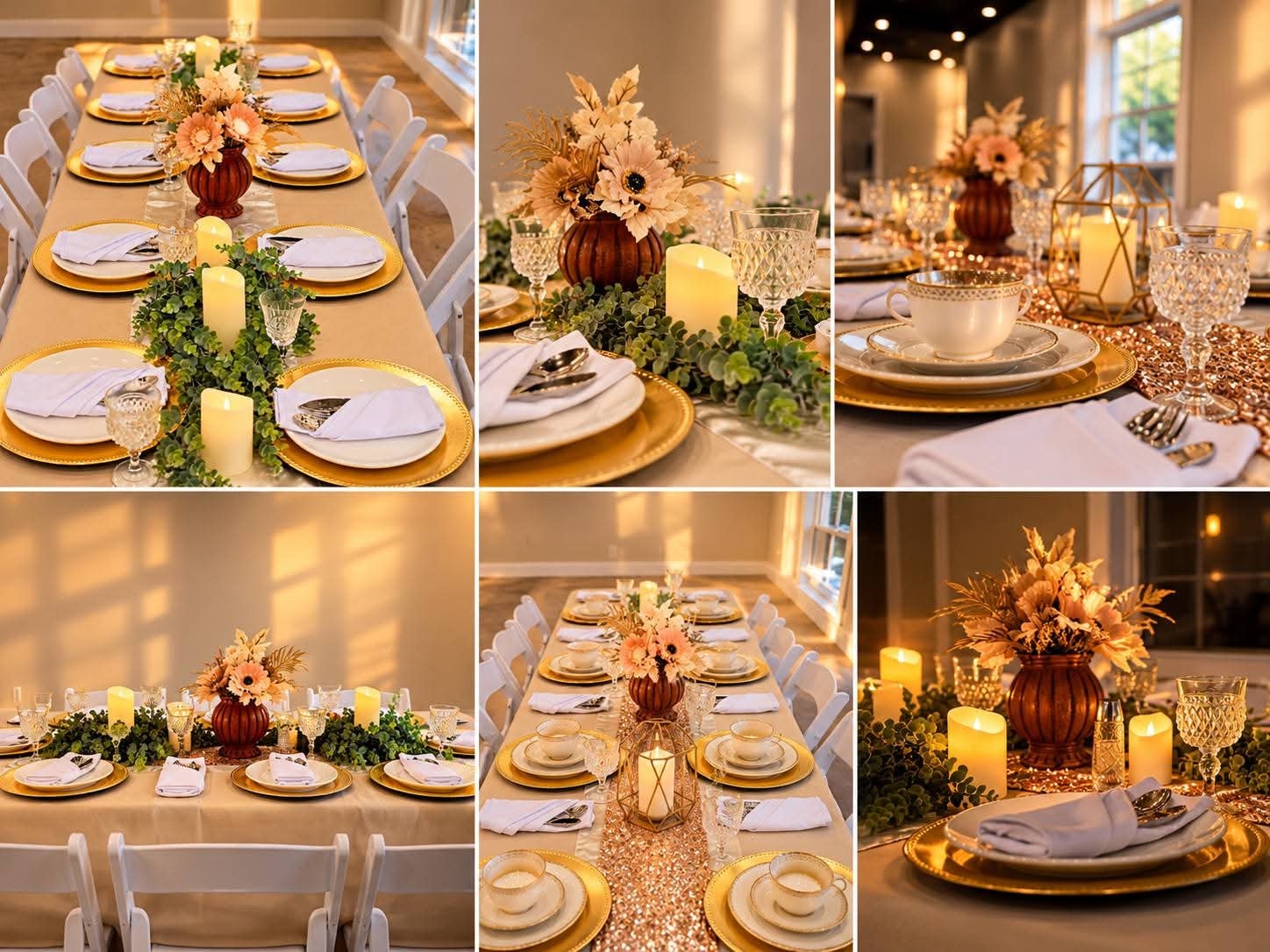 Gold and rose sequin tablescape with floral centerpieces